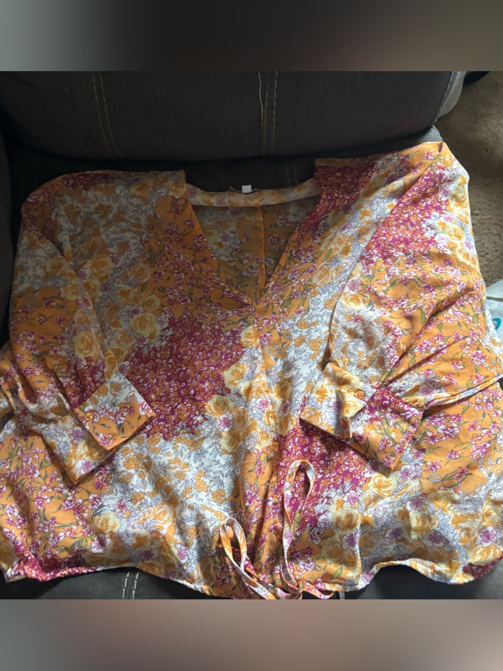 Floral Patchwork Satin Blouse in Mustard & Rose